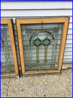 Pair of Antique 1920's Chicago Bungalow Stained Leaded Glass Window 34 x 24