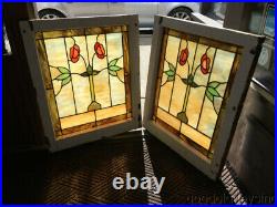 Pair of Antique 1920's Stained Leaded Glass Windows 29 by 24