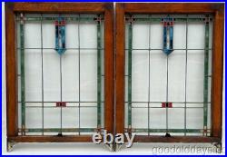 Pair of Antique 1920s Chicago Bungalow Style Stained Leaded Glass Windows 34x24