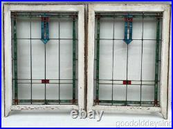 Pair of Antique 1920s Chicago Bungalow Style Stained Leaded Glass Windows 34x24