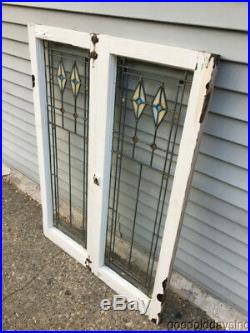 Pair of Antique 1920s Stained Leaded Glass Windows / Doors 44 by 16