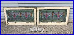 Pair of Antique Chicago 1920's Stained Leaded Glass Transom Windows 34 by 19