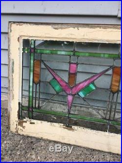 Pair of Antique Chicago 1920's Stained Leaded Glass Transom Windows 34 by 19