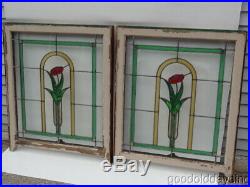 Pair of Antique Chicago Bungalow Style Stained Leaded Glass Windows 28 x 33