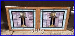 Pair of Antique Chicago Stained Leaded Glass Windows Circa 1915 28 x 23