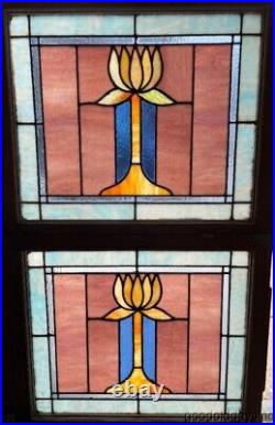 Pair of Antique Chicago Stained Leaded Glass Windows Circa 1915 28 x 23