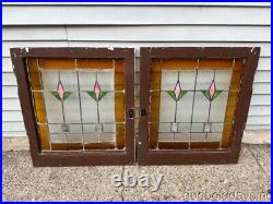 Pair of Antique Circa 1920 Stained Leaded Glass Windows 25 x 22