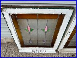 Pair of Antique Circa 1920 Stained Leaded Glass Windows 25 x 22