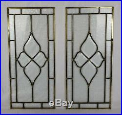 Pair of Antique German Leaded Glass Windows Floral Crystal Pattern 24.5x11