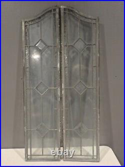Pair of Antique Leaded Glass Arched Top Windows 36.5 x 8.5 each panel Diamond