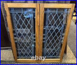 Pair of Antique Leaded Glass Cabinet Doors Transom Window Circa 1910
