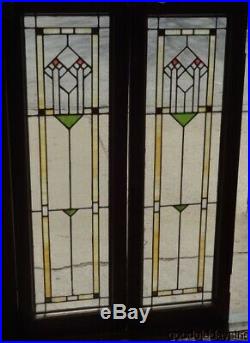 Pair of Antique Stained & Clear Leaded Glass Doors / Windows 48 x 16