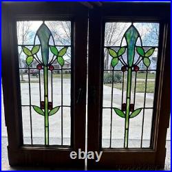 Pair of Antique Stained Leaded Glass Small Windows 27 x 14