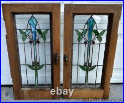 Pair of Antique Stained Leaded Glass Small Windows 27 x 14