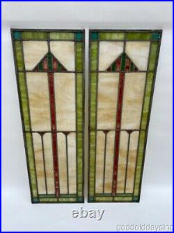 Pair of Art Deco Stained Leaded Glass Windows Circa 1925