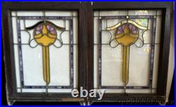 Pair of Beautiful Antique Bungalow Stained Leaded Glass Windows 32x24