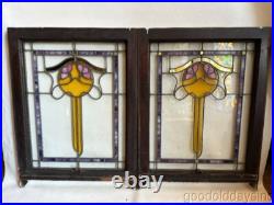 Pair of Beautiful Antique Bungalow Stained Leaded Glass Windows 32x24