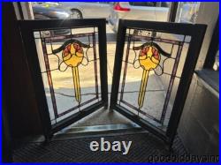 Pair of Beautiful Antique Bungalow Stained Leaded Glass Windows 32x24