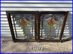 Pair of Beautiful Antique Bungalow Stained Leaded Glass Windows 32x24