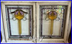 Pair of Beautiful Antique Bungalow Stained Leaded Glass Windows 32x24