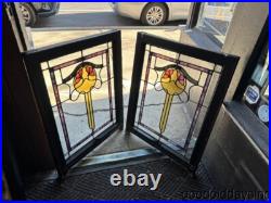 Pair of Beautiful Antique Bungalow Stained Leaded Glass Windows 32x24