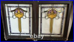 Pair of Beautiful Antique Bungalow Stained Leaded Glass Windows 32x24