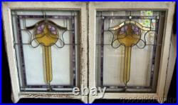 Pair of Beautiful Antique Bungalow Stained Leaded Glass Windows 32x24