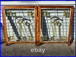 Pair of Chicago Bungalow Style Stained Leaded Glass Window Windows Circa 1925