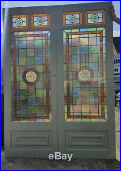 Pair of French Doors with Leaded Glass Panels with Painted Stained Glass