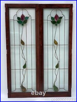 Pair of Leaded & Stained Glass Cabinet Bookcase Doors / Window from Chicago