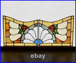 Pair of Vintage French Art Deco Stained Glass Panels with Copper Frames