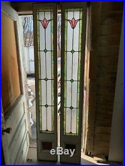 Pr Antique Leaded Flower Stained Glass Side lights 12X84 Door Window Vtg 65-20J
