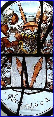 RARE MUSEUM QUALITY EARLY 17th C. FLEMISH STAINED GLASS WINDOW PANEL. Dated 1602