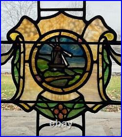 RESTORED ANTIQUE 1920s LEADED STAINED GLASS WINDOW, LIGHTHOUSE THEME