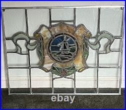 RESTORED ANTIQUE 1920s LEADED STAINED GLASS WINDOW, LIGHTHOUSE THEME