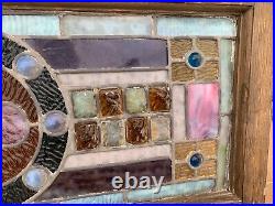 Rare Antique Leaded Stained Glass Window Pane Panel Transom Wood Frame 29X14