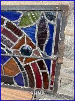Rare Antique Leaded Stained Glass Window Pane Panel Transom Wrought Iron 34X18