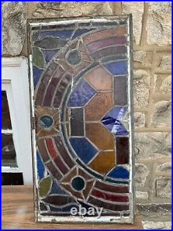 Rare Antique Leaded Stained Glass Window Pane Panel Transom Wrought Iron 34X18