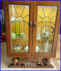 Rare Art Deco Bookcase Double Door Locking curio china cabinet Oak Leaded glass