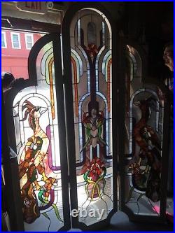Rare Deco Style Leaded Stained Glass Window Birds Of Paradise Screen Shipping Ok