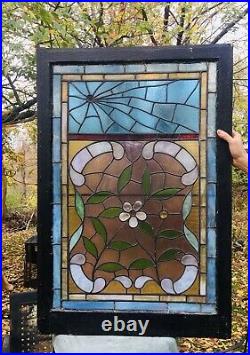 Rare Victorian Leaded Stained Glass SPIDER WEB And FLORAL Window Ship Ok