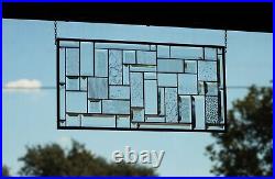 Rectangular stained glass window panel, hanging, privacy glass, geometric clear