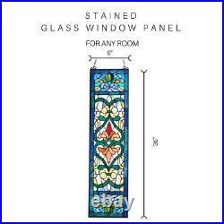 River Of Goods Victorian Stained Glass Fleur De Lis Window Panel 36H In Blue