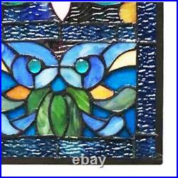 River Of Goods Victorian Stained Glass Fleur De Lis Window Panel 36H In Blue