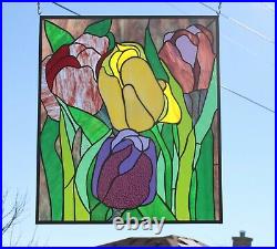 SAVE $100? F Tulip's-Stained Glass Window Panel-24 3/8 X 20 7/8 HMD-US