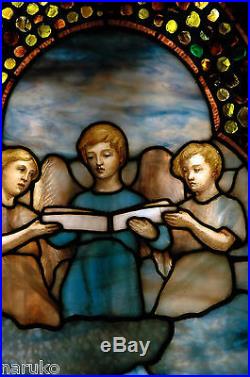 SIGNED TIFFANY STAINED & LEADED GLASS WINDOW THREE ANGELIC CHORISTERS withJEWELS