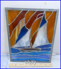 STUNNING Beautiful Vintage Leaded Stained Glass Window Sailboat Ship Lake Ocean