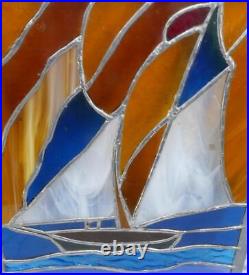 STUNNING Beautiful Vintage Leaded Stained Glass Window Sailboat Ship Lake Ocean