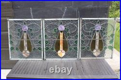 Set Of 3 Leaded Glass Window Great Glass Colors Flowers Art Nouveau 19 x 22