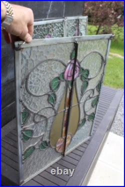 Set Of 3 Leaded Glass Window Great Glass Colors Flowers Art Nouveau 19 x 22